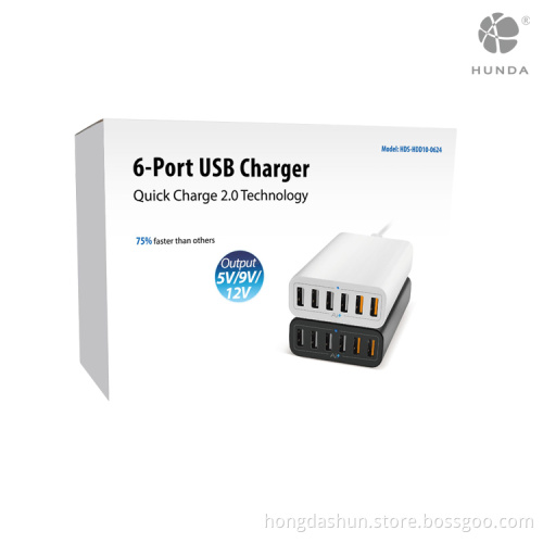 Double QC2.0 plug 60W 12A 6 port USB quick charge 2.0 adapter charger